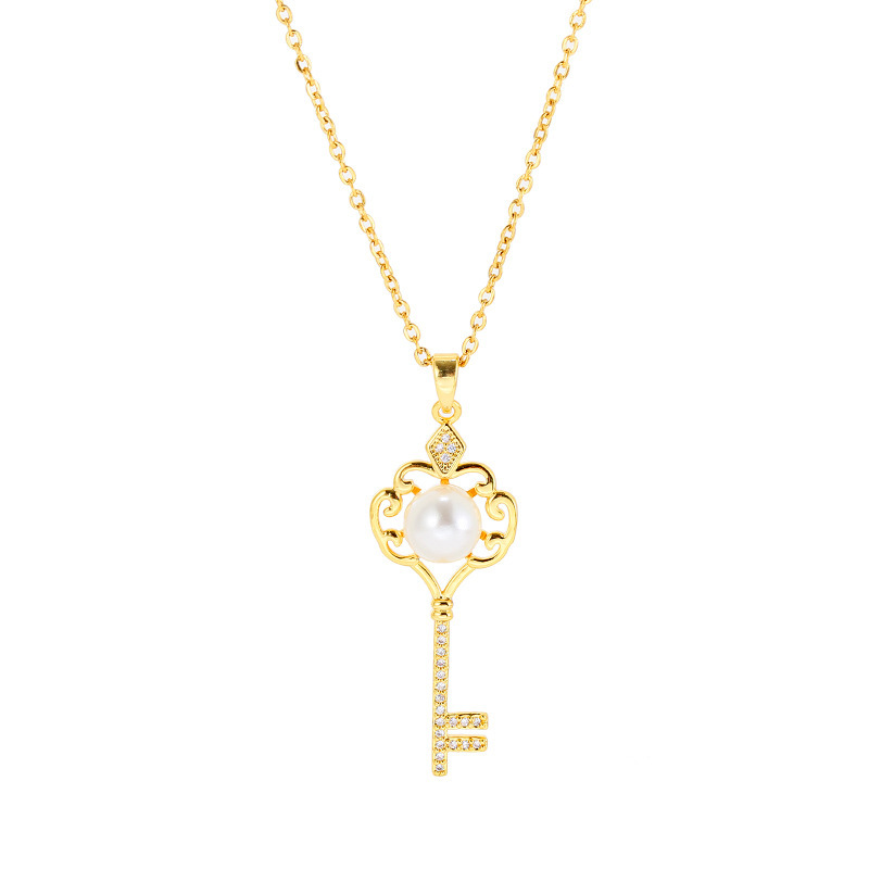 Gold simple pearl key necklace, women's copper pendant, gold-plated titanium steel collarbone chain, fashionable and versatile accessory Item Picture