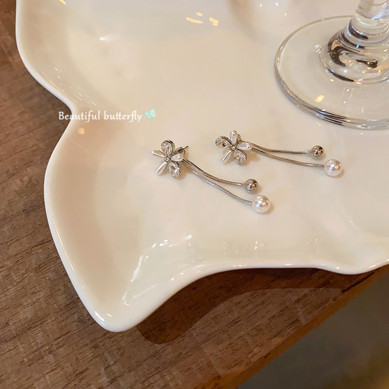 Tassel flower bead earrings, a Korean-style light luxury and high-end back-hanging stud earrings for women, a new versatile ear accessory for 2025 Specification drawing