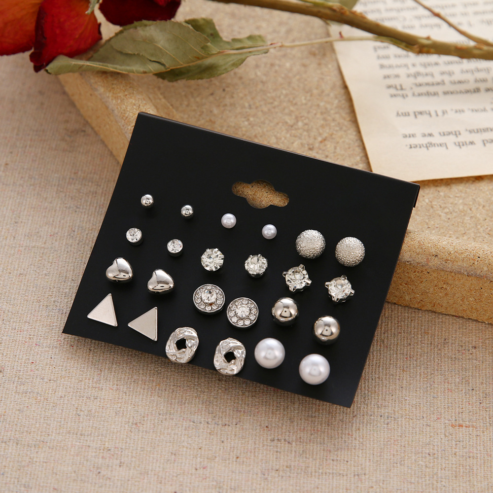 European and American cross-border stud earring set, 12 pairs of stud earrings, zircon heart triangle diamond earrings, retro stud earrings wholesale Application Scenario