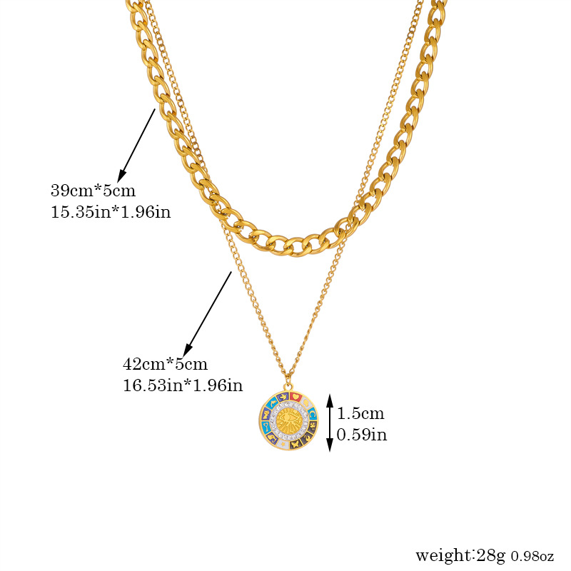 European and American cross-border gold-plated stainless steel round plate oil-drip printed pattern pendant chain double-layer stacked personalized necklace Application Scenario