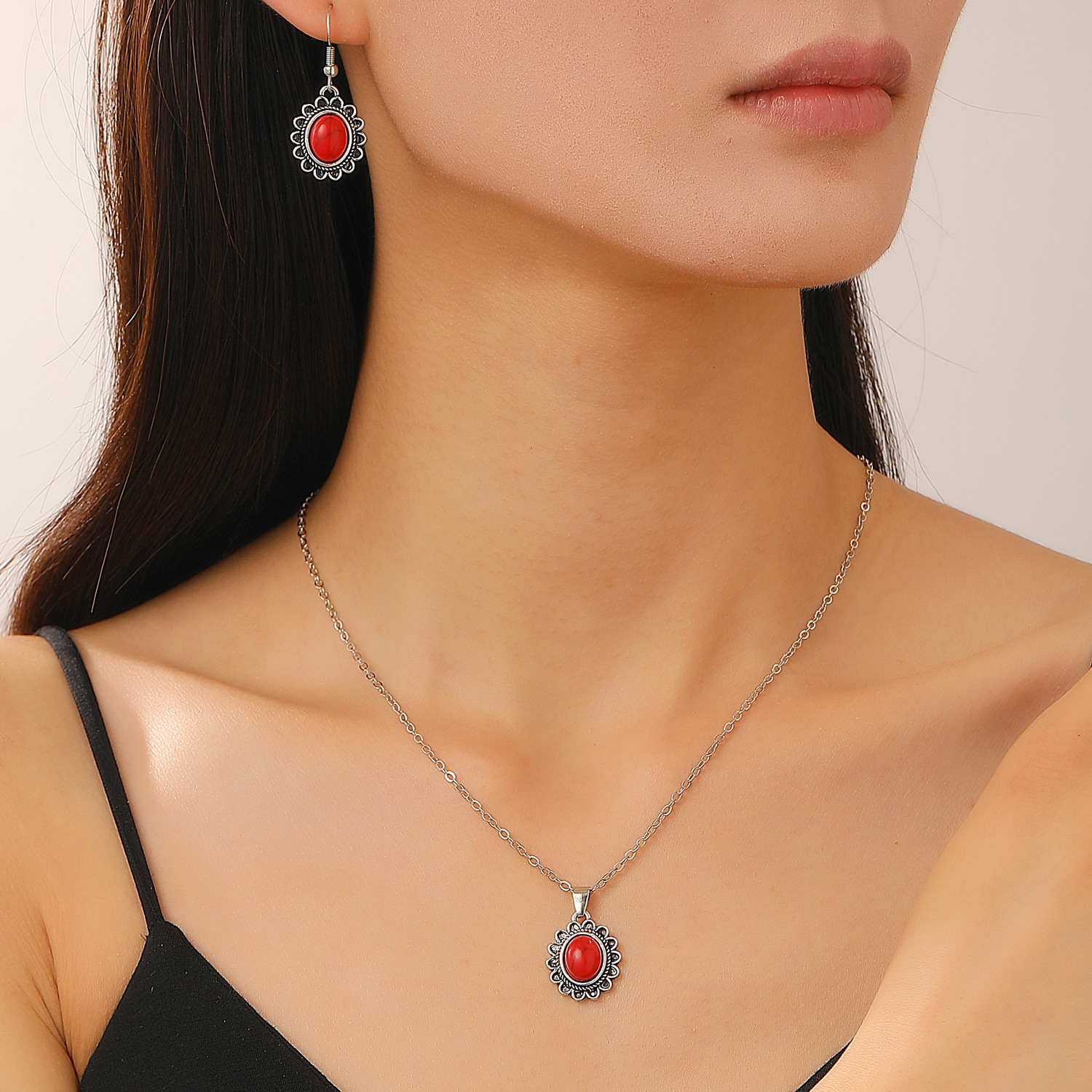 European and American retro Bohemian ethnic style teardrop earrings, necklaces, jewelry set, women's high-end fashion cross-border Specification drawing