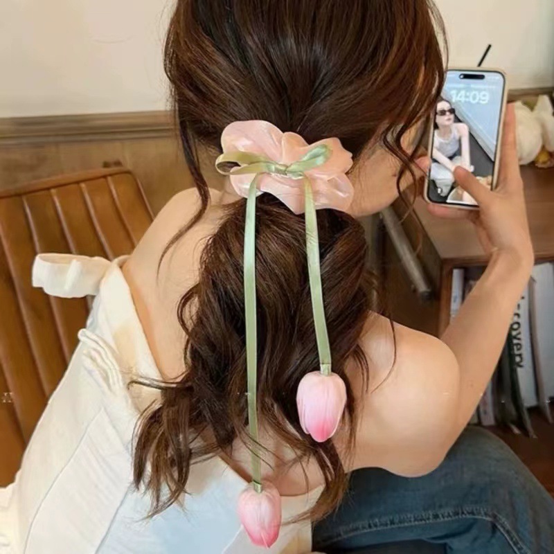 Korean-style tulip flower large intestine hair band, gentle and sweet, with a unique design sense. Bun hairstyle, hair tie, hair accessory for women details Picture