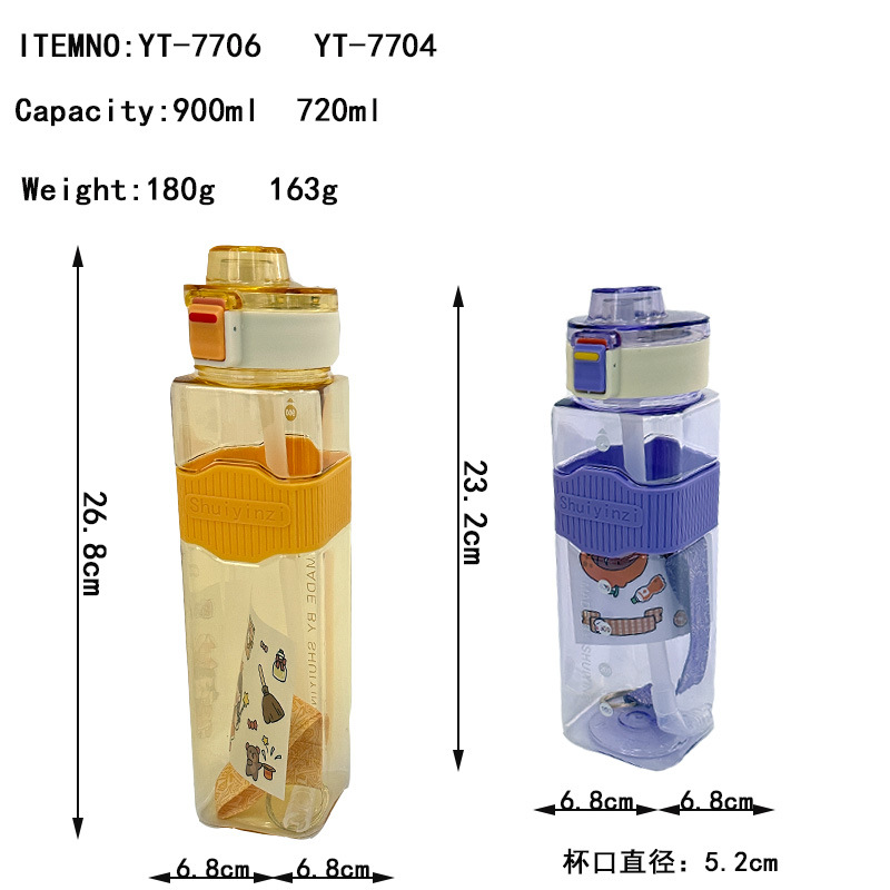 Wholesale popular square water bottles, straws, plastic water cups, portable handles, outdoor sports and fitness water bottles with high appearance standards Item Picture