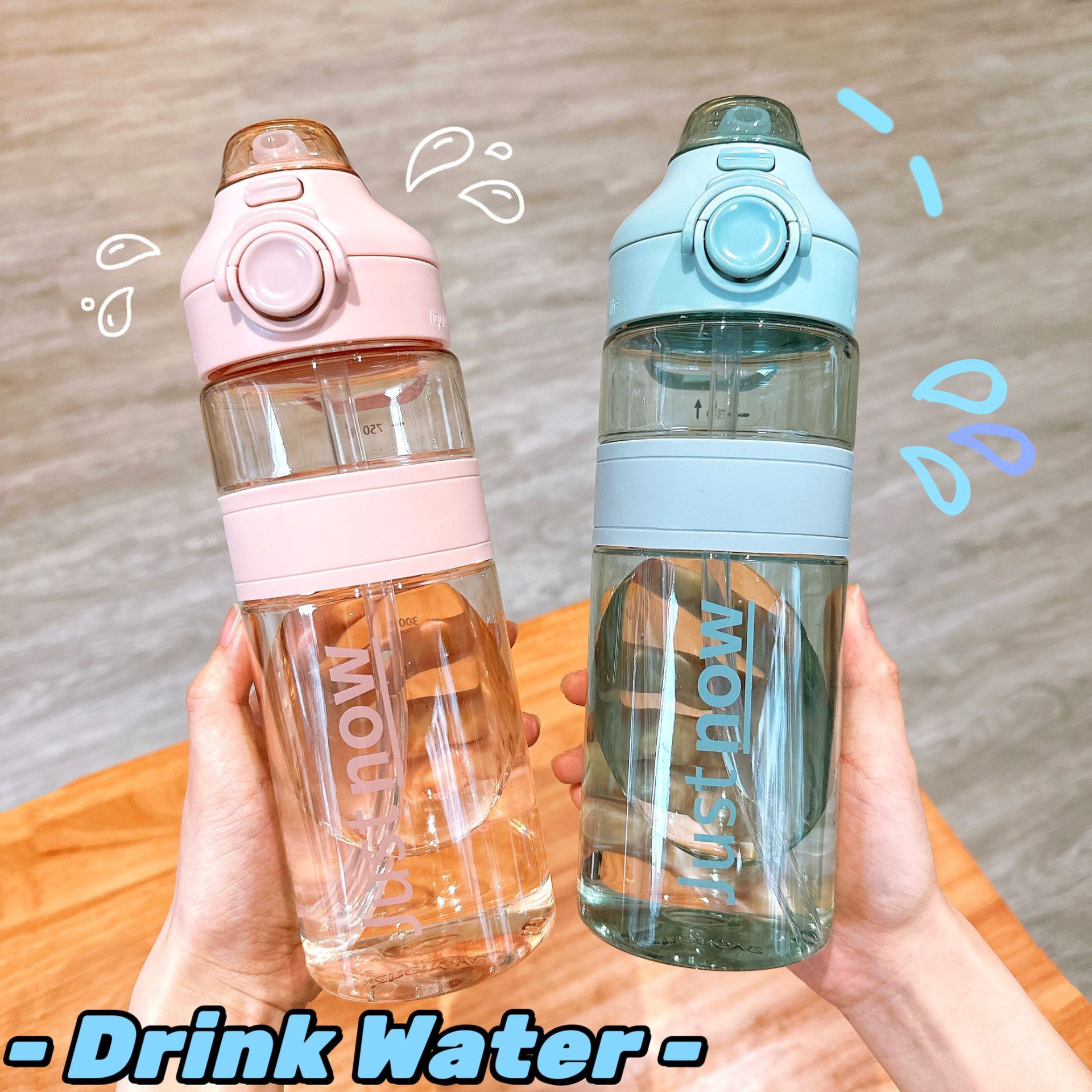 Wholesale of simple sports water bottles, double-drinking multi-functional fitness straw cups with scales, outdoor student and adult plastic cups full figure