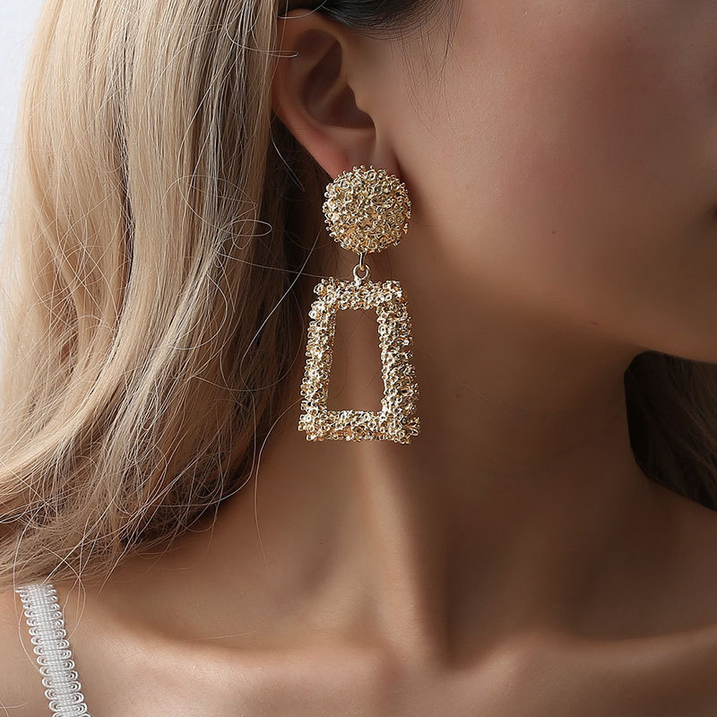 European and American exaggerated and grand frosted trendy geometric earrings, creative and individual embossed trapezoidal long metal earrings full figure