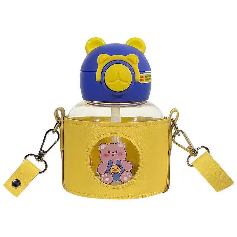 Leather case, large-belted cup with straw, portable and anti-drop children's straw cup, high appearance level for teenage girls, pop-up lid plastic baby water cup Item Picture