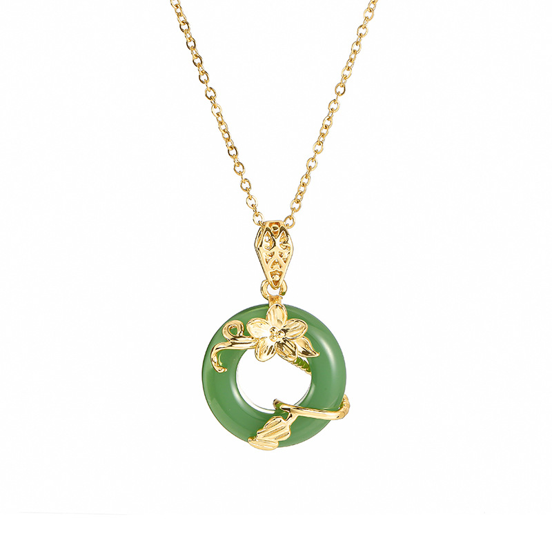 Chinese-style simple and fashionable green lotus peace buckle, a niche design sense titanium steel necklace, a versatile accessory for women's charm Item Picture