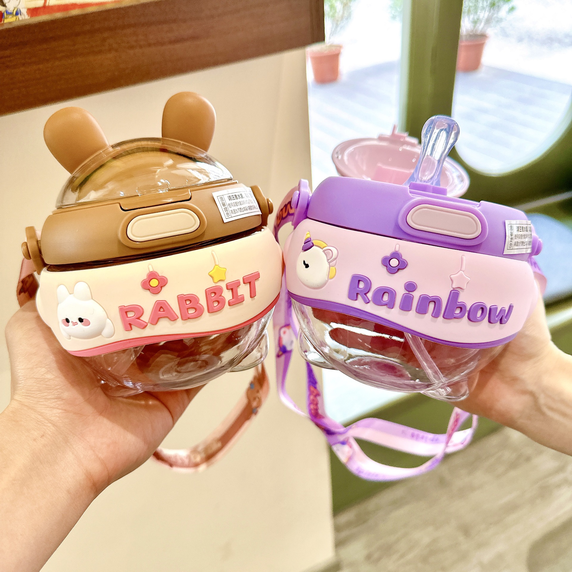 Cute round plastic cup, rabbit, high appearance level, girls' water bottle, big belly, cute children's large-capacity straw cup gift Specification drawing