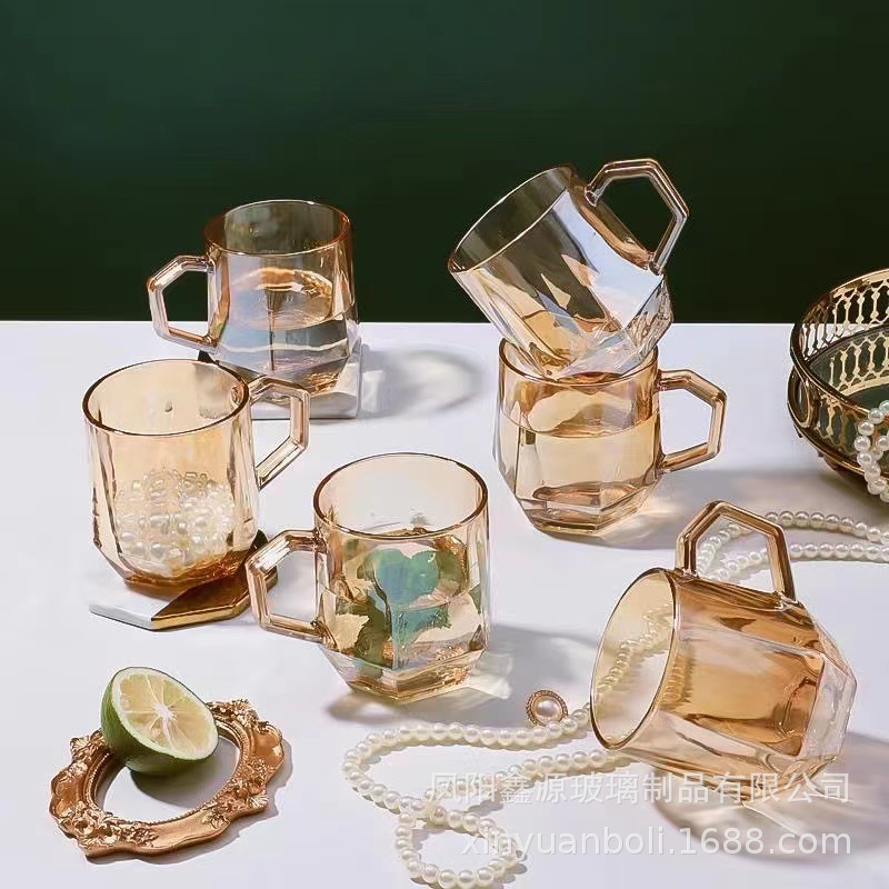 Diamond glass cup set with handle, simple and high appearance level, hexagonal ash amber breakfast cup, milk cup gift box set Application Scenario