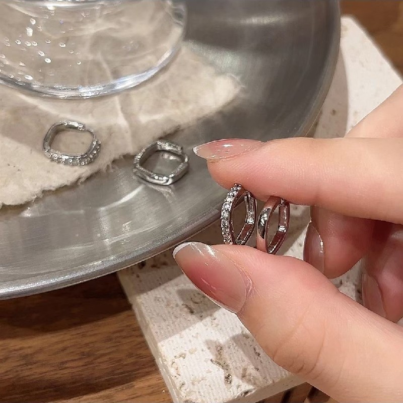 925 Silver needle high-end fashion, versatile, simple square ear buckles, light luxury four-piece set earrings, cold style ring earrings details Picture