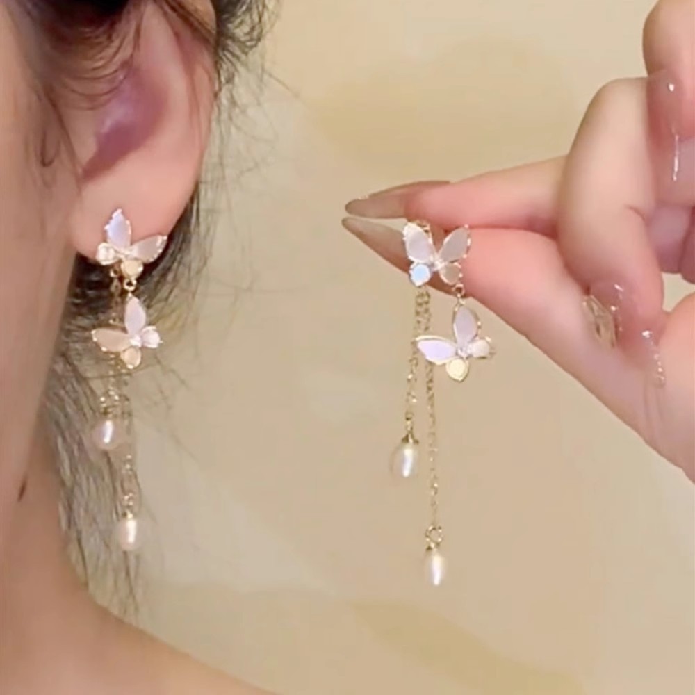 Super fairy shell, butterfly, pearl, long tassel earrings, women's niche, high-end, unique style, stud earrings, light luxury earrings details Picture