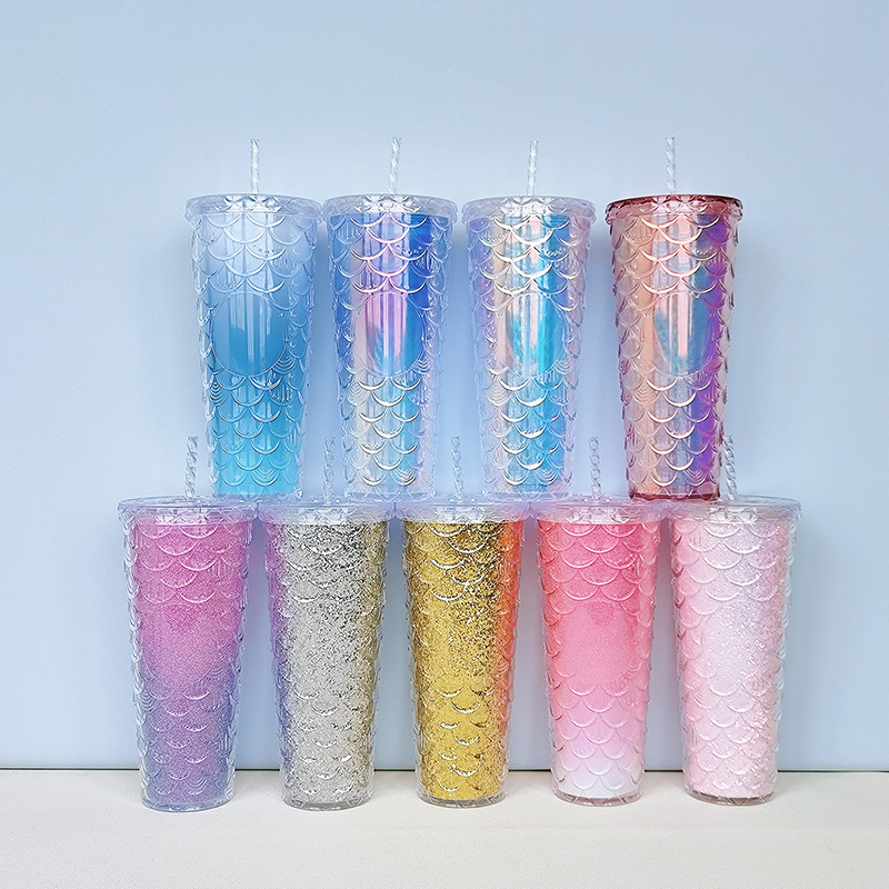 New stylish fish-scale straw cup with double-layer insulation, 700ml drinking cup, popular indoor water cup wholesale full figure