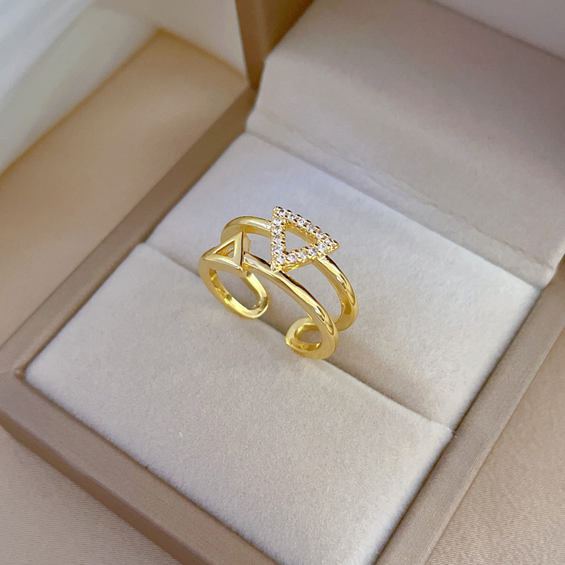 【 Real gold electroplating 】 Open triangular women's fashion slightly inlaid light luxury ring index finger ring, the same style as Internet celebrities, cold style Specification drawing