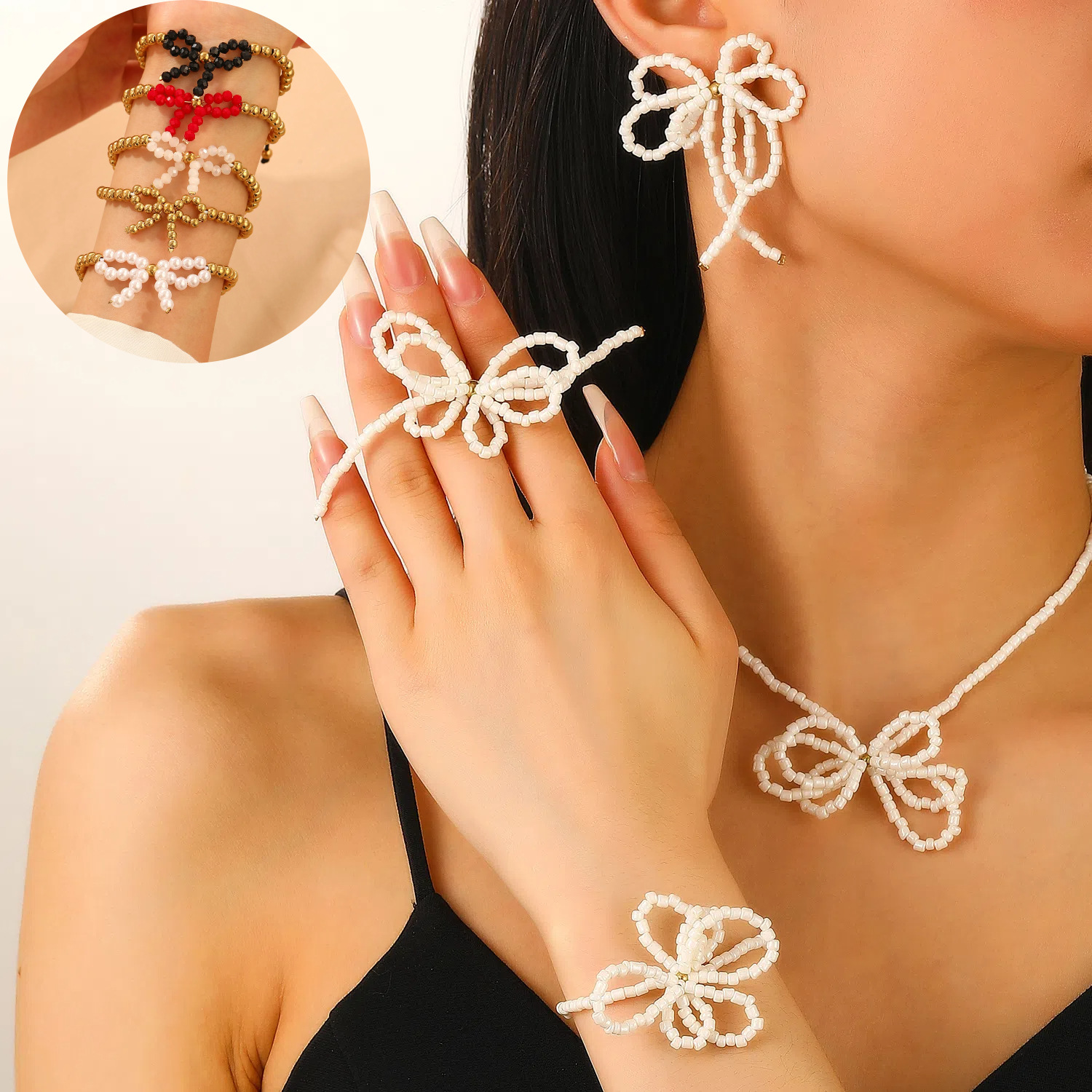 Cross-border ins sweet beaded bow stud bracelet necklace three-piece set, fashionable and elegant jewelry set for women full figure
