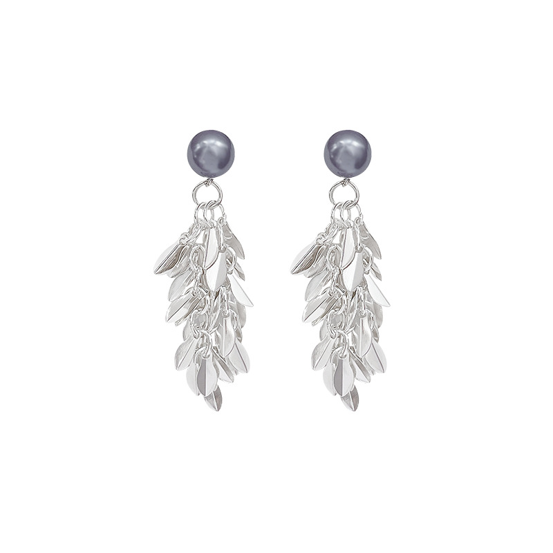 Wheat ear grey pearl tassel earrings, unique and exaggerated female earrings, light luxury and high-end feel, round face slimming earrings and earrings Item Picture