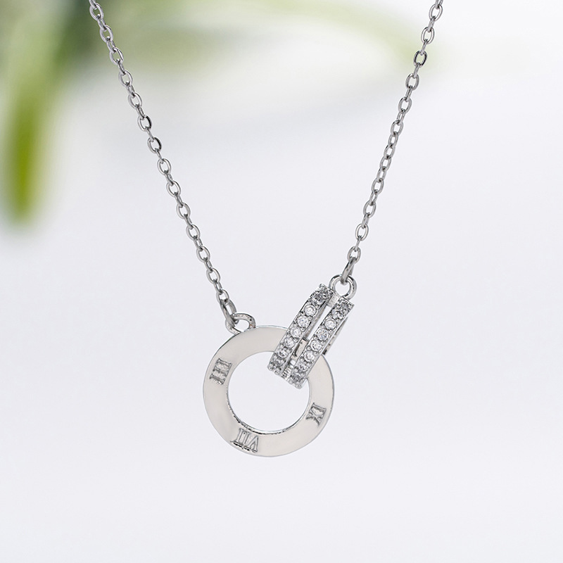 Silver fashionable, light luxury, full diamond Roman double ring titanium steel necklace, a unique and versatile female collarbone chain, a popular online accessory details Picture