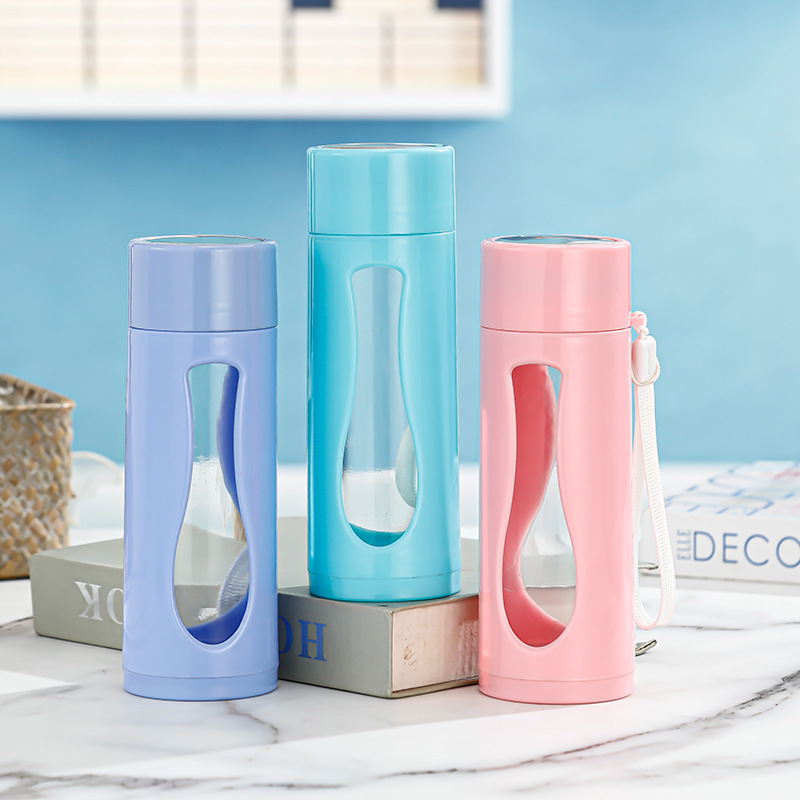 Creative and fashionable sports water cups, printable advertising gift cups, double-layer glass cups, portable drawstring plastic glass cups Item Picture