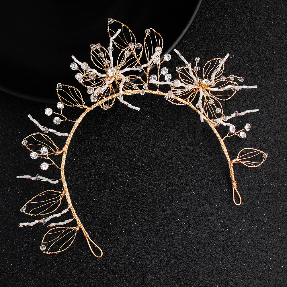 Mianino's new creative bridal headwear, simple and versatile headband, handcrafted diamond-encrusted golden flower headband wholesale details Picture