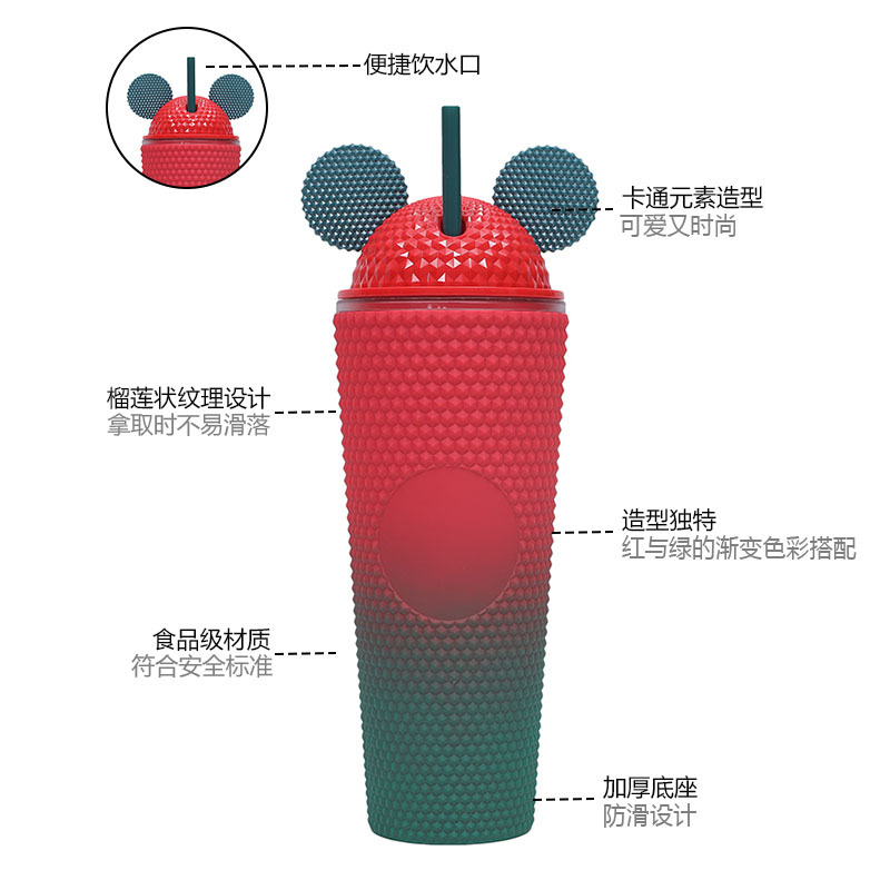 New cross-border Amazon double-layer plastic straw cup, gradient color creative water cup, portable cat ear cap durian cup Specification drawing