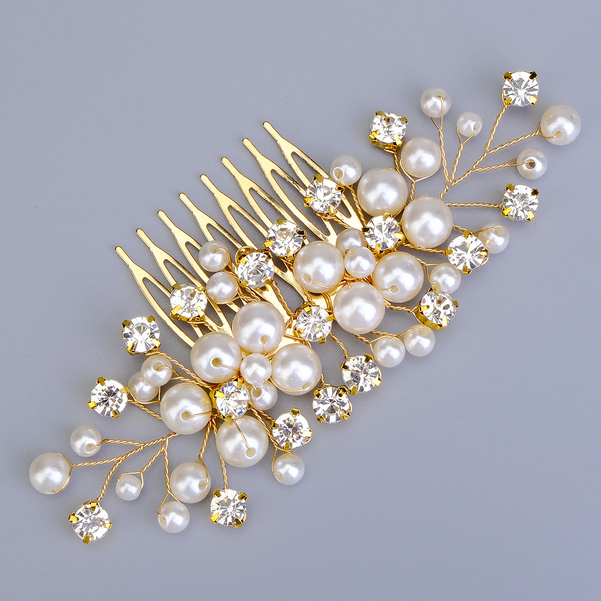 Cross-border bride accessories, pearl water diamond hair comb, wedding banquet, Xiuhe updo hair accessory, retro gold hand-inserted comb Specification drawing