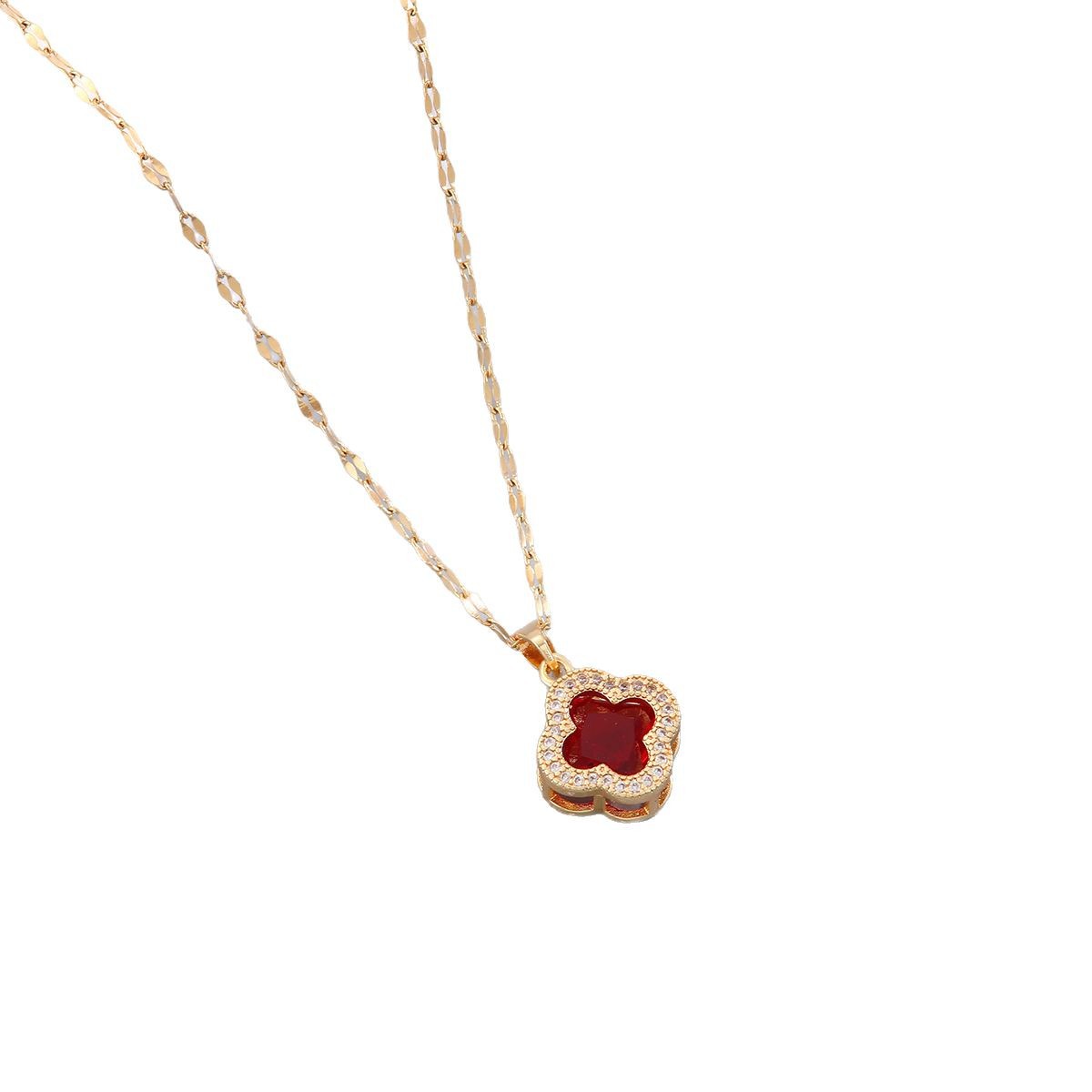 Cross-border copper micro-inlaid rhinestone four-leaf clover necklace, women's titanium steel non-fading, light luxury and high-end collarbone chain accessory manufacturer Item Picture