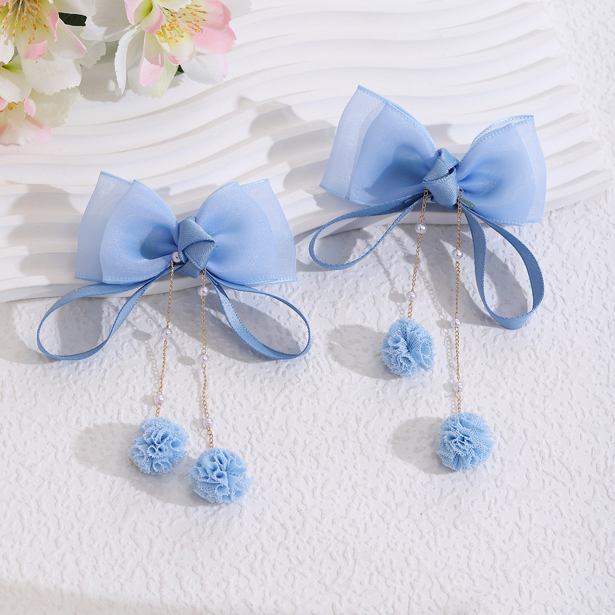 Super fairy children's pearl pendant hairpin, high appearance level bow ribbon, little girl hairpin, jelly gauze princess headwear details Picture