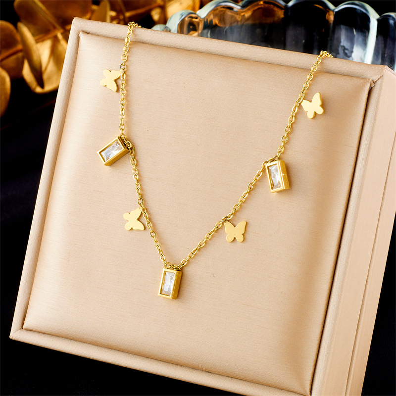 European and American fashion, simple and retro style, versatile diamond-encrusted square butterfly pendant chain necklace details Picture