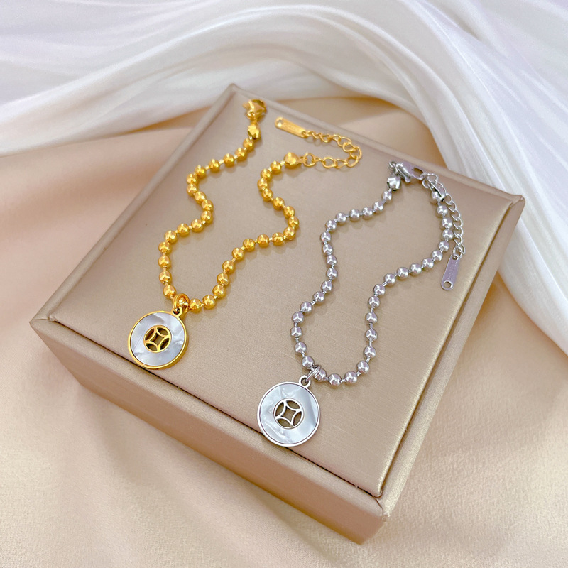 【 All-titanium Steel 】 Dongdaemun Personalized circular shell Coin Bead bracelet, retro best friend of female Internet celebrity full figure