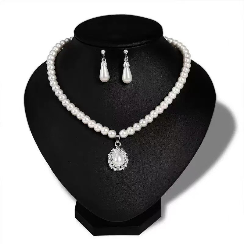 wish Jewelry Set: Fashionable Pearl Necklace, Earrings, Stud Set, Elegant Sparkling diamond Water drop Accessories N5051 details Picture