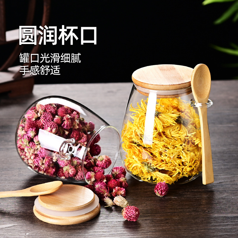 Glass tea canister with spoon flower tea canister, household small tea canister for tea storage, sealed tea canister for grains and cereals details Picture