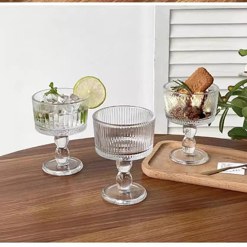 French retro tall ice cream cup, creative transparent yogurt cold drink cup, dessert glass cup, home cocktail cup details Picture
