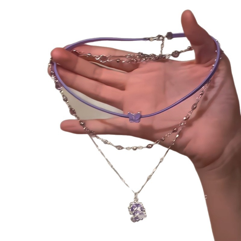 Purple Butterfly Flower multi-layer layered necklace, sweet and cool female style, high-end purple collarbone chain chocker necklace accessory Item Picture