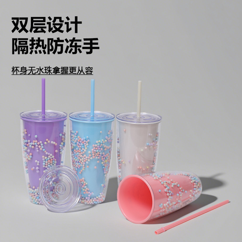 Cross-border Amazon bestseller double-layer plastic cup Macron high appearance level Internet celebrity water cup Fashionable and casual large-mouthed cup Specification drawing