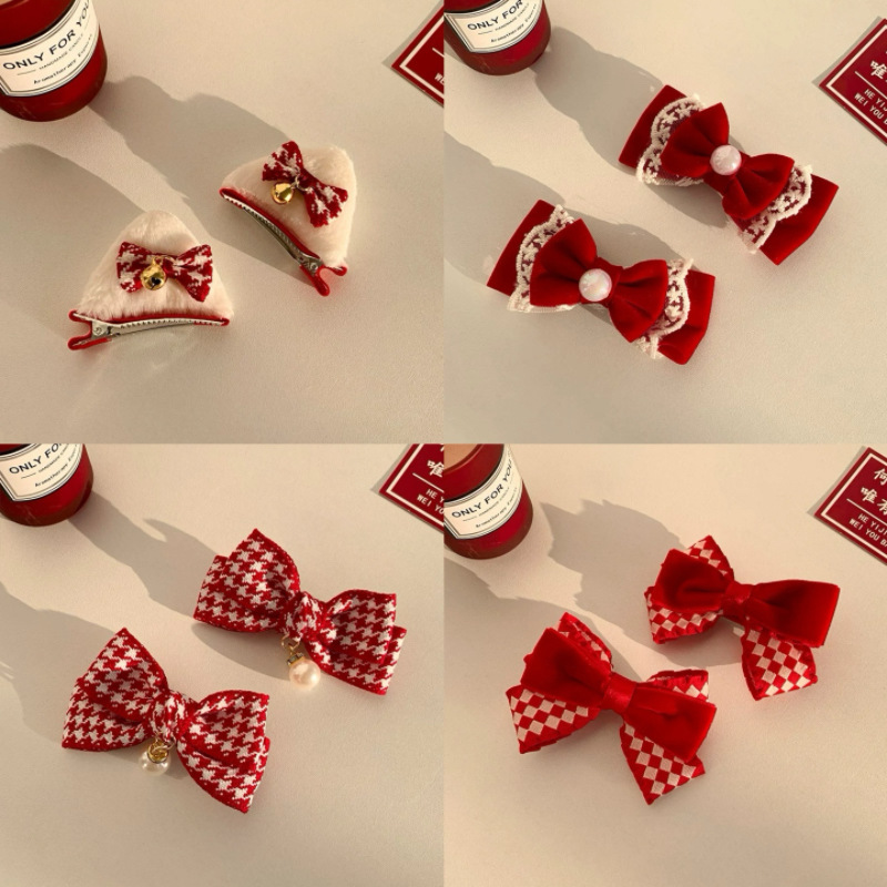 New Year's bow hair accessory, women's red hair clip, princess style overhead clip, high-end and elegant, versatile clip headwear Specification drawing