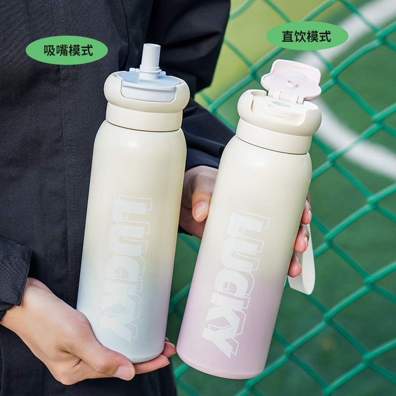 Simple letter outdoor sports insulated cup, 316L stainless steel student double-drinking cup, portable handle, large-capacity water cup details Picture