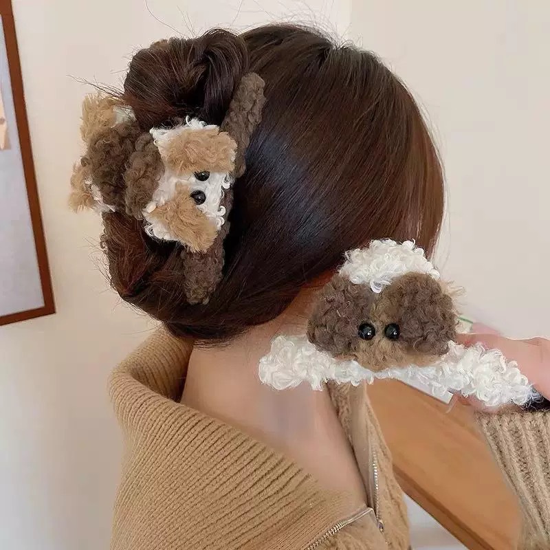 Cute curly puppy claw clip ~ Autumn and winter plush hair clip for women's back of the head 2024 new style gentle large shark clip Specification drawing