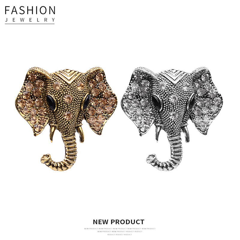 Fashionable alloy diamond-encrusted elephant head collar brooches, pins and badges that are selling well across borders from Europe and America full figure