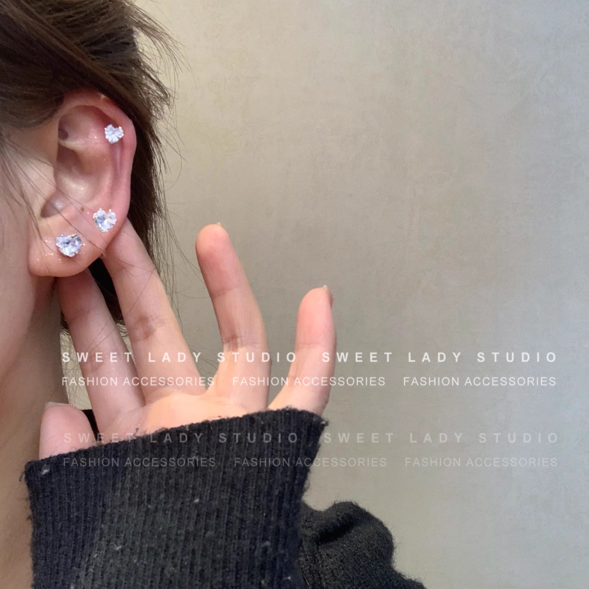 Super Flash Set, heart-shaped Zircon 925 Silver needle Ear Piercing small ear studs, simple and elegant ear bone stud earrings and earrings details Picture