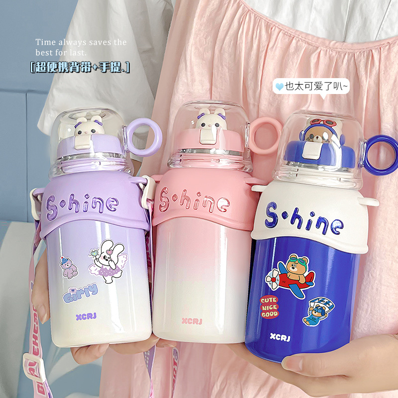 Little Tea Diary, a three-drink insulated cup, children's cartoon water cup, Portable double-drink baby stainless steel straw cup details Picture