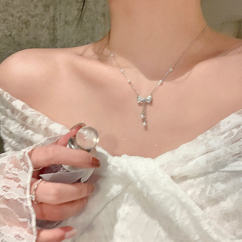 Bow tassel pearl necklace, women's light luxury, exquisite and high-end collarbone chain accessory, trendy bestseller, Internet celebrity necklace Specification drawing