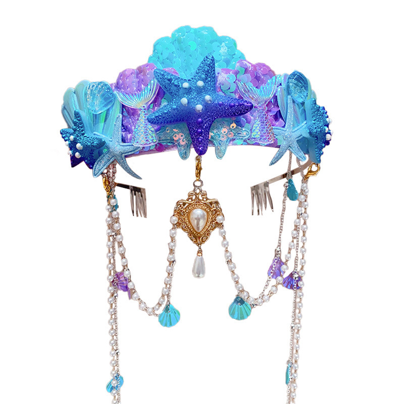 Super fairy mermaid hairband, children's crown headwear, girl's pearl tassel forehead chain, little girl's bow hair clip Item Picture