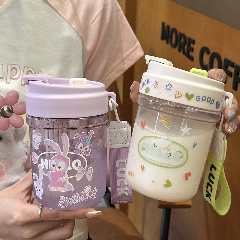 New water cup with large capacity, cute Instagram stickers, portable straw cup for girls, summer cartoon double-drinking plastic cup full figure