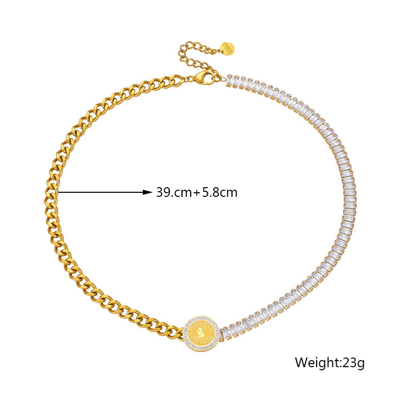 European and American fashion, individuality, and niche water diamond chain irregularly spliced round plate printed titanium steel gold-plated necklace Application Scenario