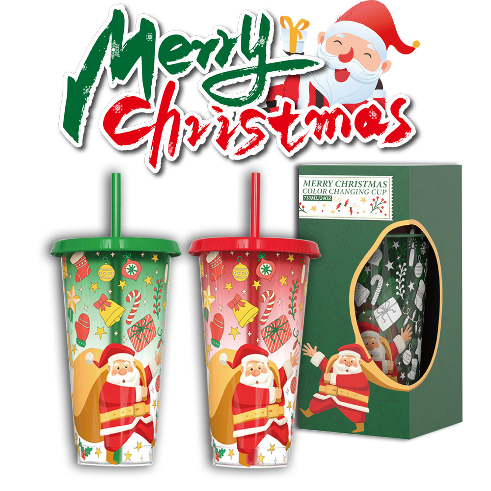New large-capacity cold-sensitive color-changing plastic water cups in stock at the factory, Christmas Santa Claus color-changing cups, cross-border full figure