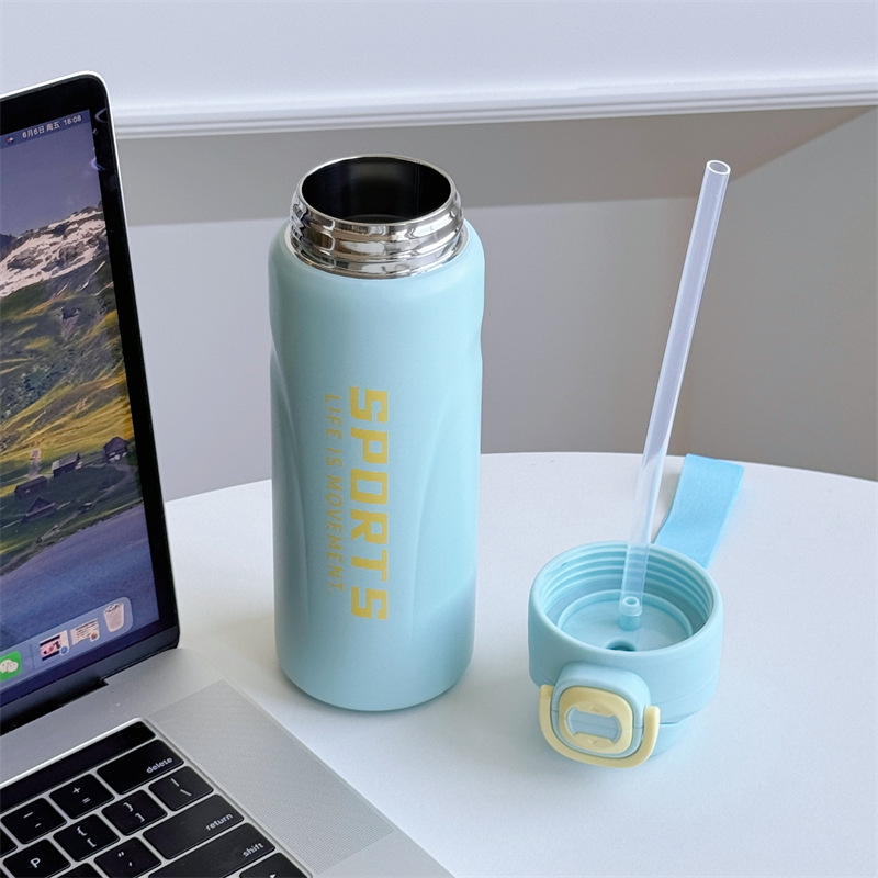 600ml sports insulated water cup, simple solid color double-spout stainless steel insulated cup, outdoor portable straw cup Specification drawing