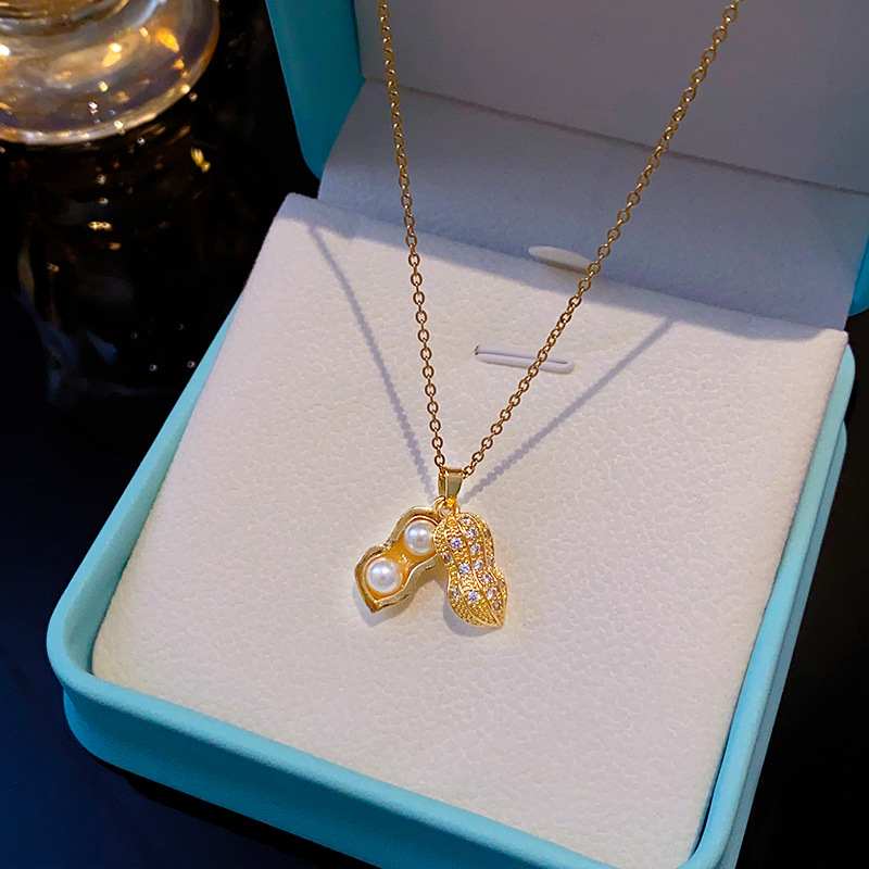 Fashionable and simple zircon small pearl peanut necklace, a niche design for women, a popular collarbone chain, a versatile and light luxury accessory details Picture
