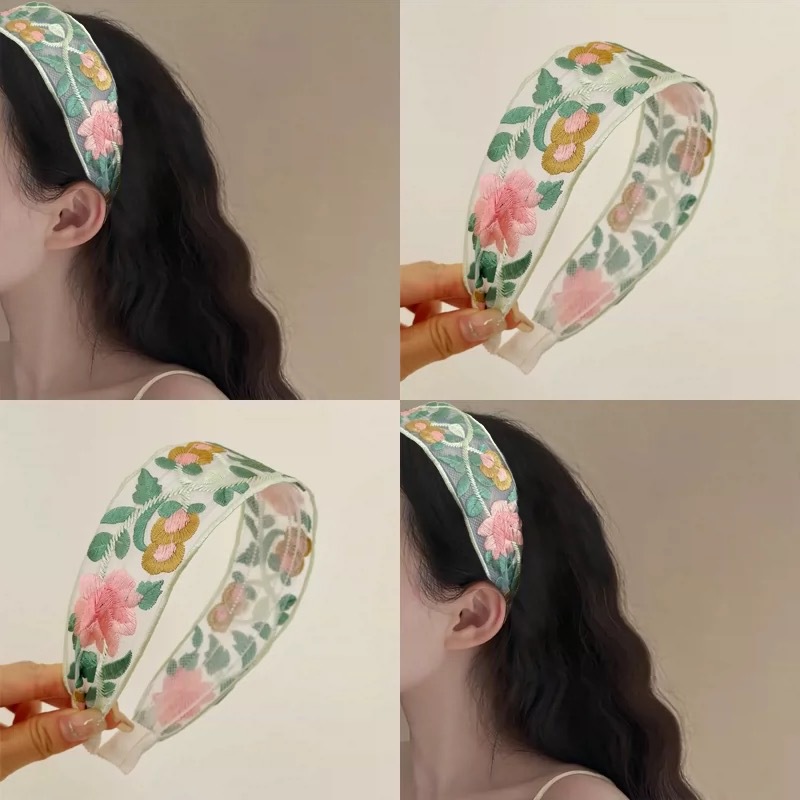 New Chinese-style embroidered flower headband for women, exquisite ethnic style floral cotton and linen fabric wide-edge headband hair accessory Specification drawing