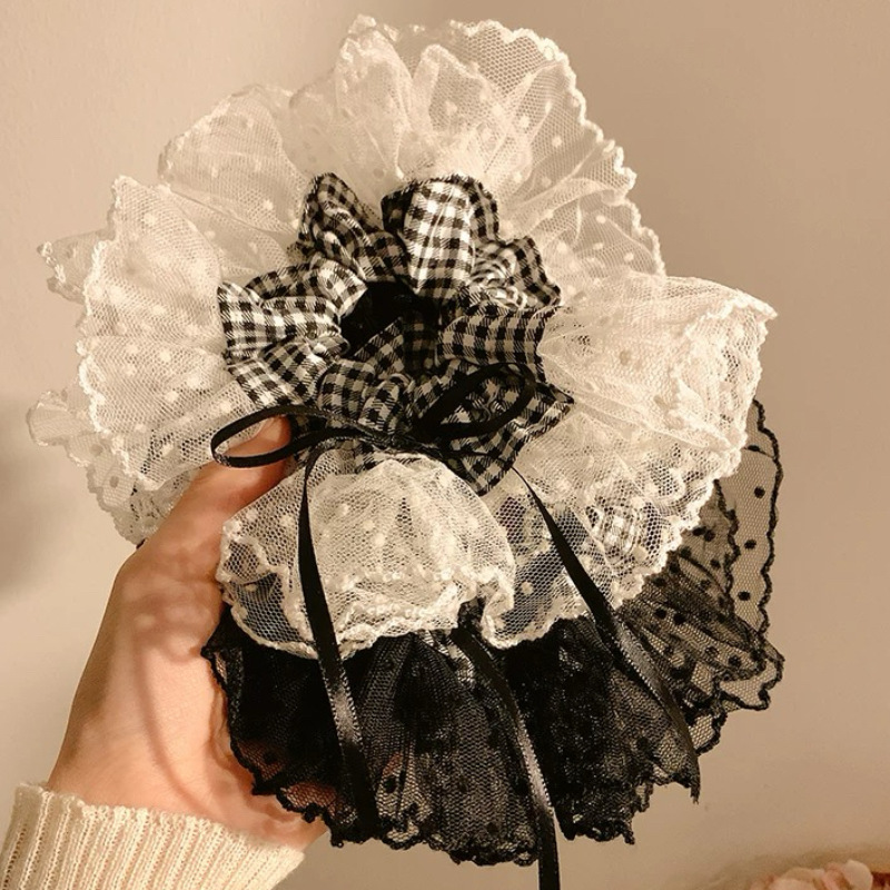 Lace polka dot lace, large intestine hair tie, high-end feminine look, checked low ponytail, bun, hair tie, hair flower, hair accessory Specification drawing