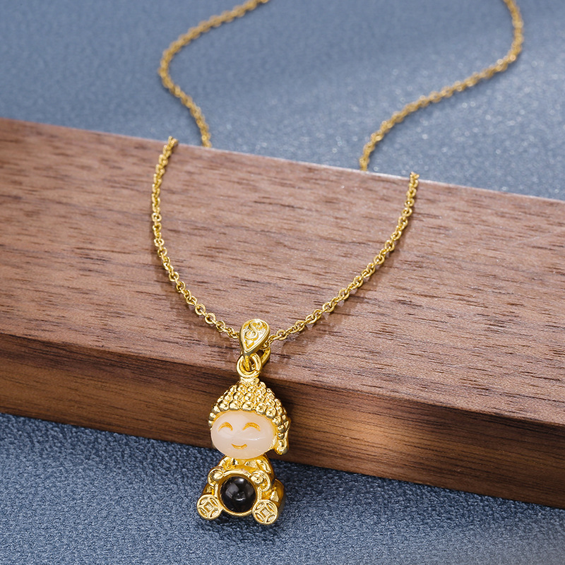 New internet-famous style bestsellers, Heart Sutra projection small Buddha necklace, women's gold luxury gold-inlaid jade collarbone chain and neck chain wholesale Specification drawing