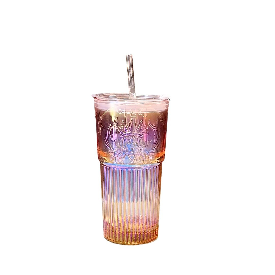 Gradient color thickened glass cup, high appearance level, colorful girls' straw cup, desktop home double-drinking goddess relief water cup Item Picture